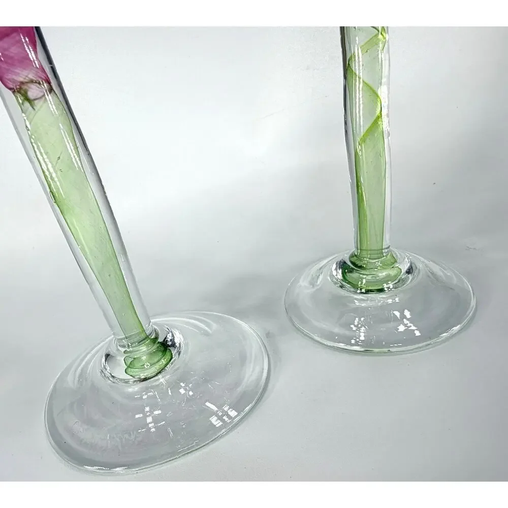 Set 2 Chris Baker Salmon Art Glass Wine Glass Pink Blue Swirl Signed 8.5
